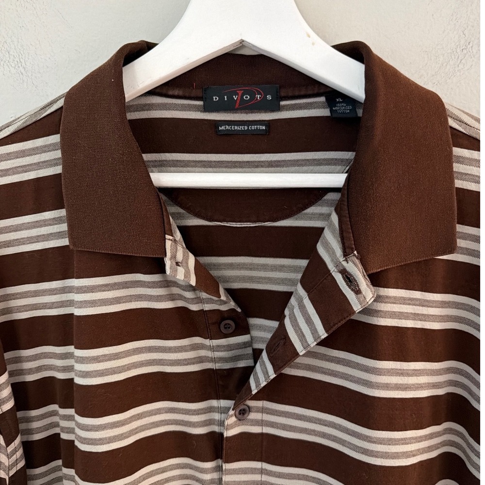 Divots Mens XL Brown Striped Polo Shirt 100% Mercerized Cotton Short Sleeve Golf